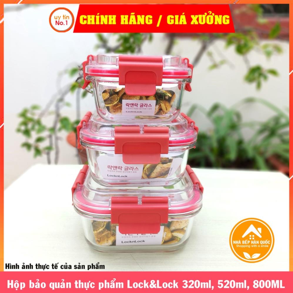 Hộp đựng thực phẩm Lock&Lock chính hãng bằng thuỷ tinh LLG238 320ml LLG239 520ml LLG242 800ml nắp màu đỏ [Freeship]