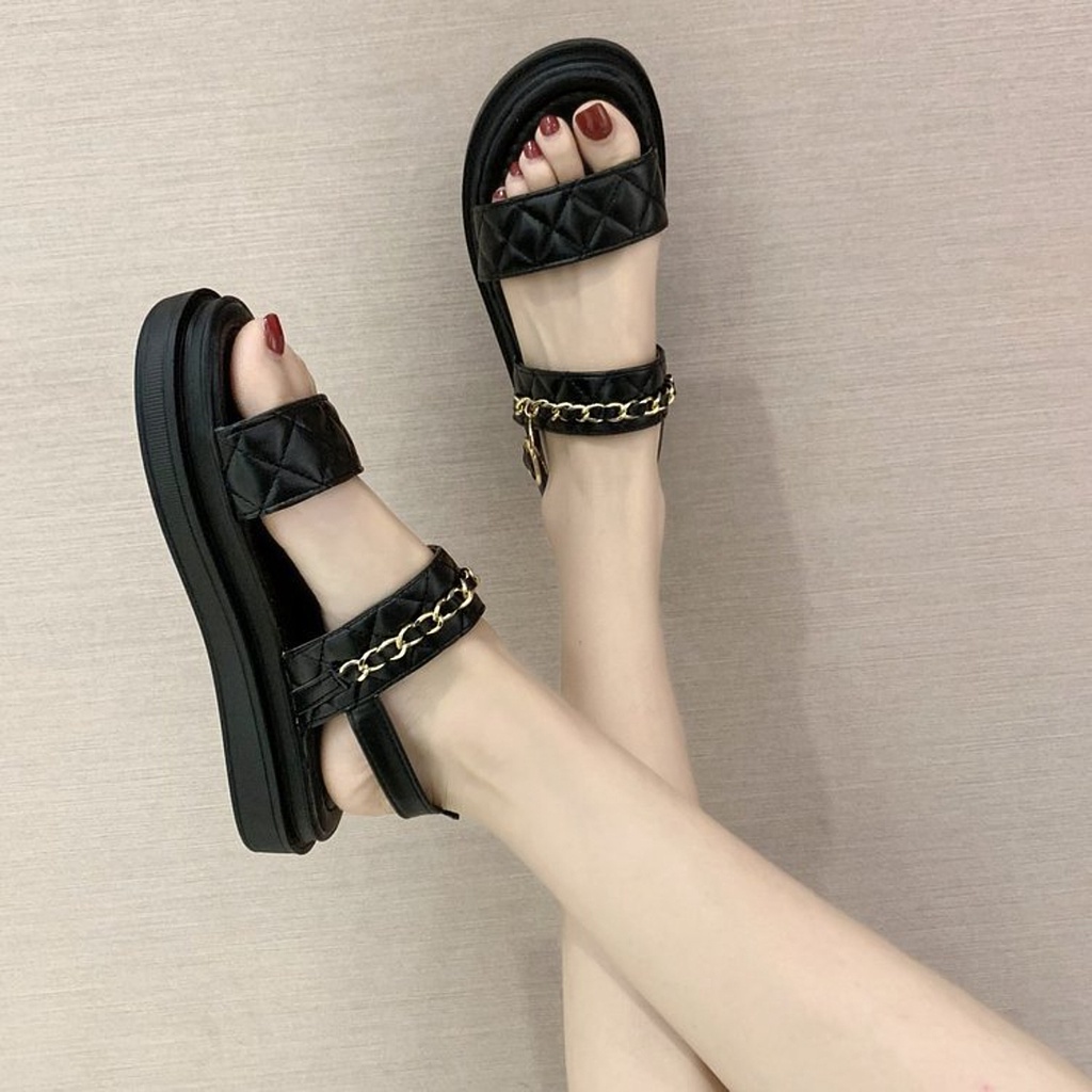 Sandal Ulzzang Nữ Vintage, Sandal Quai Xích Hai Dây Đế Cao Su Chống Trơn Trượt Độn 3cm Hàn Quốc - Iclassy_shoes