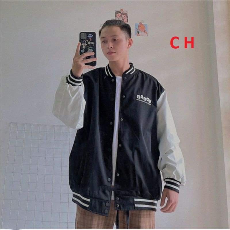 Áo gió BOMBER phối tay trắng BADGE CH12
