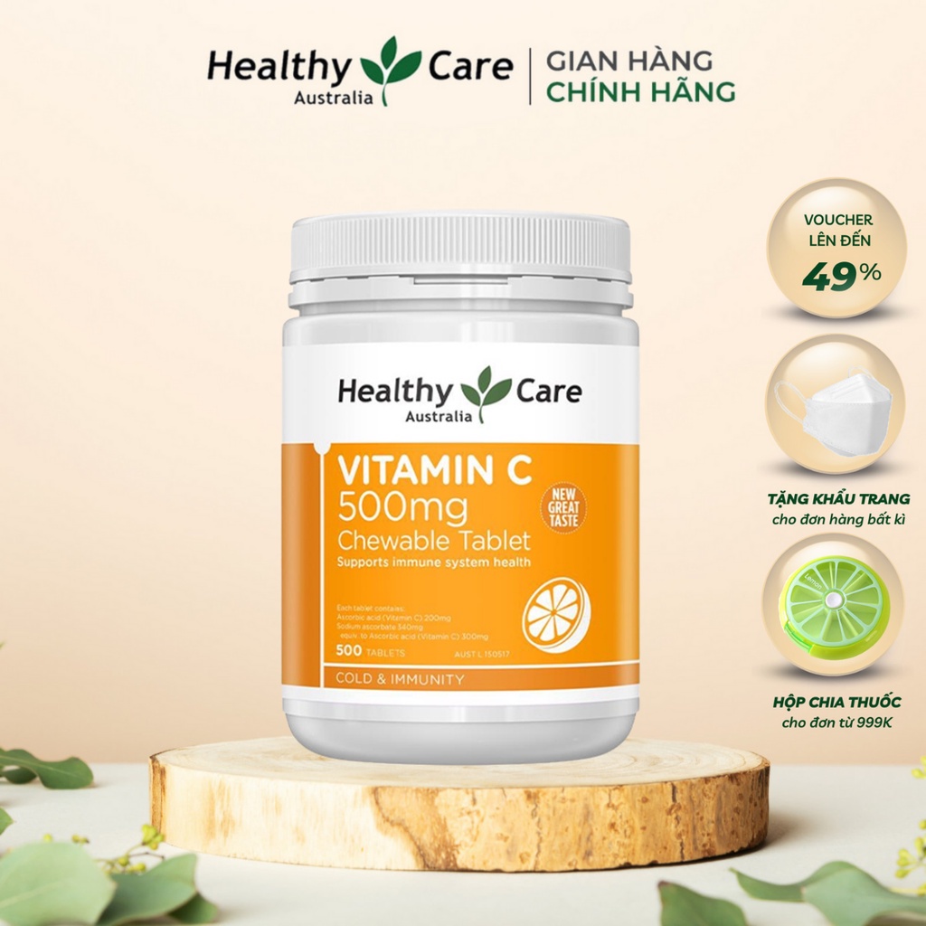 Viên Nhai Mềm Bổ Sung Vitamin C Tăng Cường Đề Kháng, Hỗ Trợ Sức Khỏe Healthy Care Vitamin C 500 viên