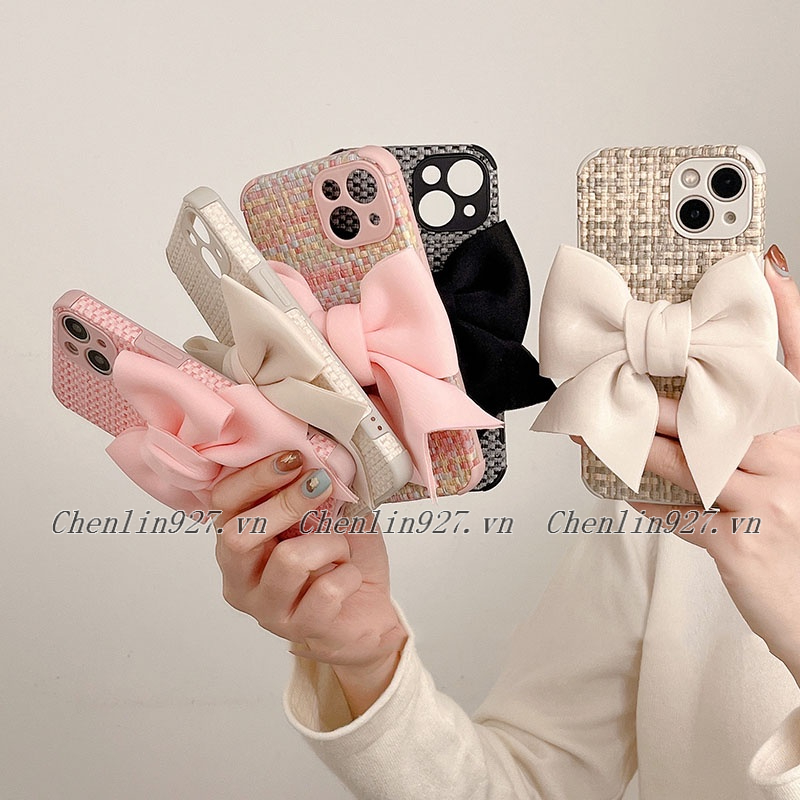 Ốp Điện Thoại Mềm Họa Tiết Sọc Caro Đính Nơ Cho IPhone 14 13 12 11 Pro Max X XR XS Max 7 8 Plus SE 3