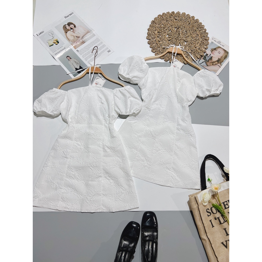 Váy trắng tiểu thư tay bồng, Váy trắng dự tiệc hoa văn xốp ( Ảnh + Video Thật ) - Ngọc Uyên Store