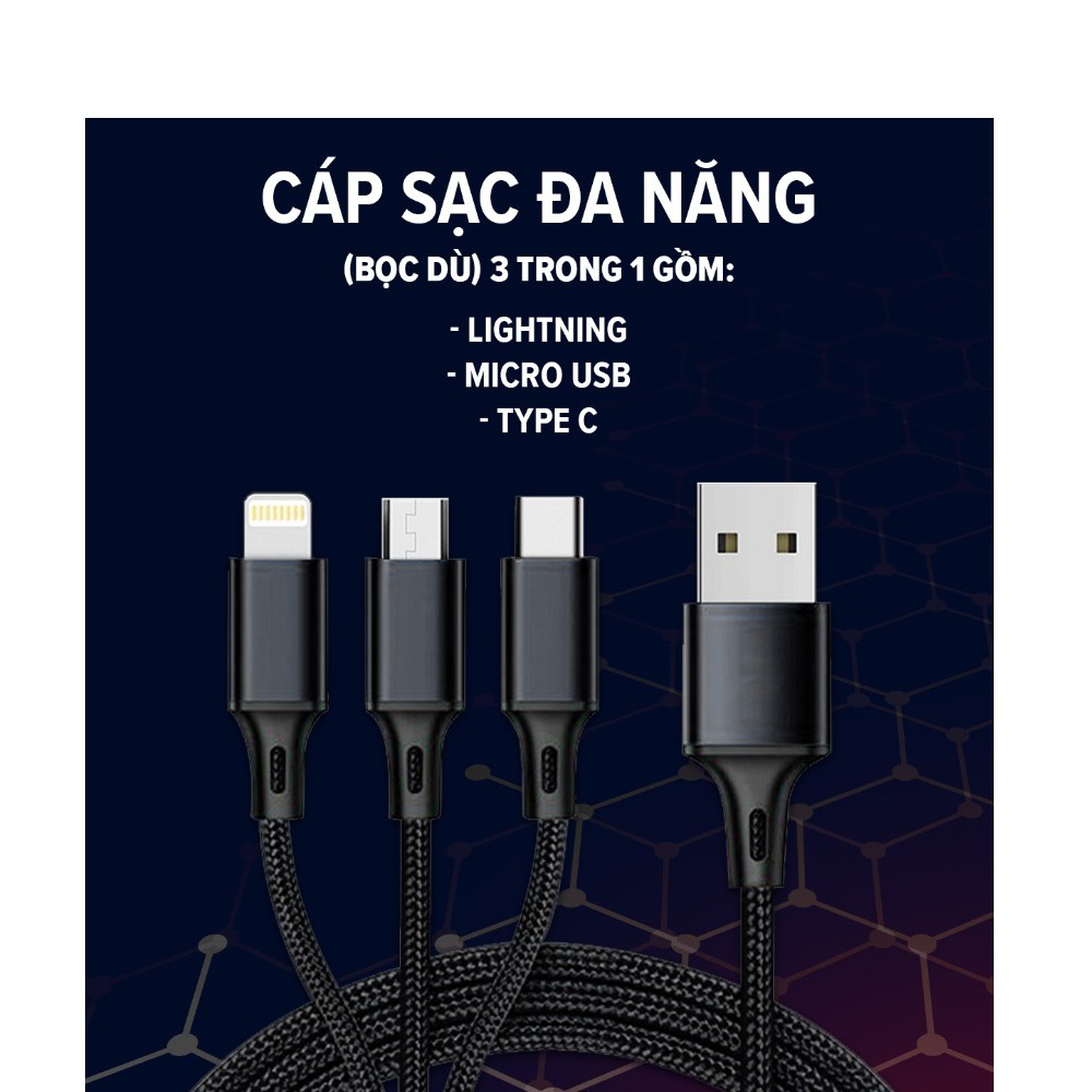 Dây cáp sạc nhanh 3 trong 1 Micro USB Type C cho Huawei Xiaomi iPhone.