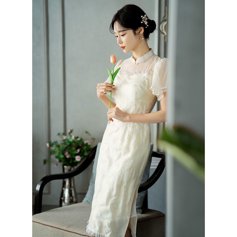 Đầm Sườn Xám Họa Tiết Thêu Phong Cách Retro Pháp Cho Nữ