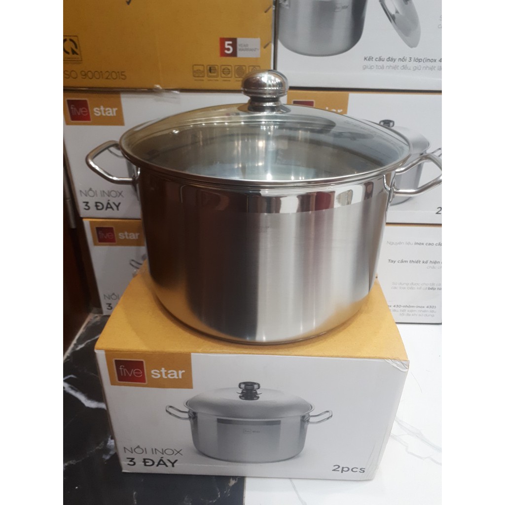 Nồi Luộc Gà 3 Đáy -36cm Fivesta-Nắp Kính- Inox 430 Đáy Từ -Hàng Chính Hãng -Bảo Hành 5 Năm