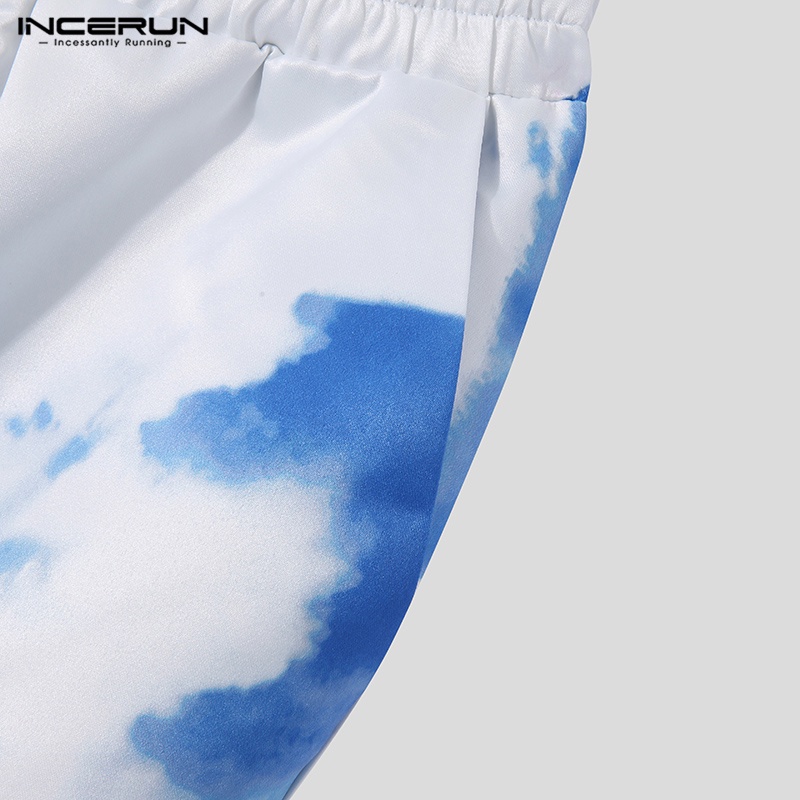 Quần ống rộng lưng thun INCERUN vải co giãn xẻ tà in họa tiết màu xanh dương thời trang cho nam