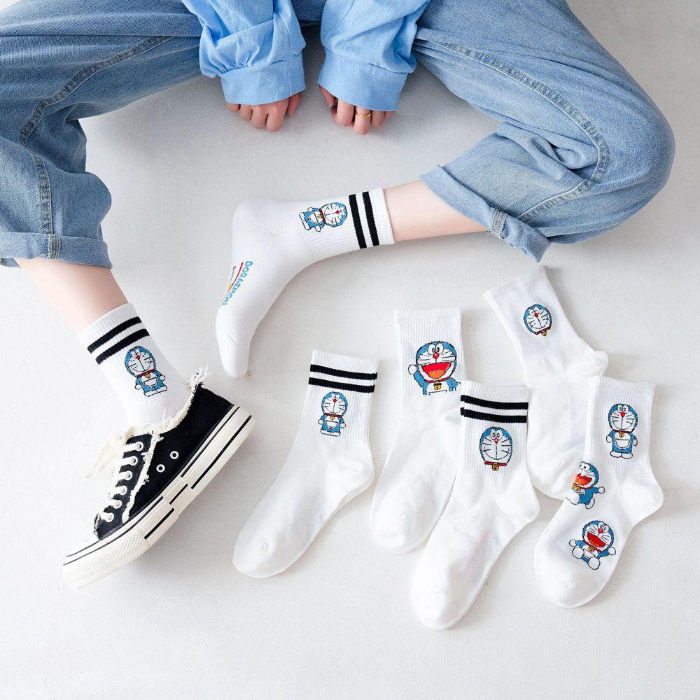 Vớ Cổ Ngắn In Hình Mèo Doraemon Và Chữ Vui Nhộn Phong Cách Harajuku Hàn Quốc Dễ Thương Cho Nữ