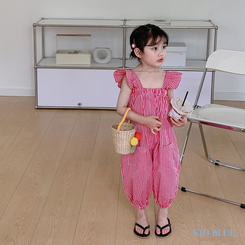 Bộ Áo Liền Quần Tay Cánh Tiên In Họa Tiết Ca Rô Phong Cách Hàn Quốc Dành Cho Bé Gái