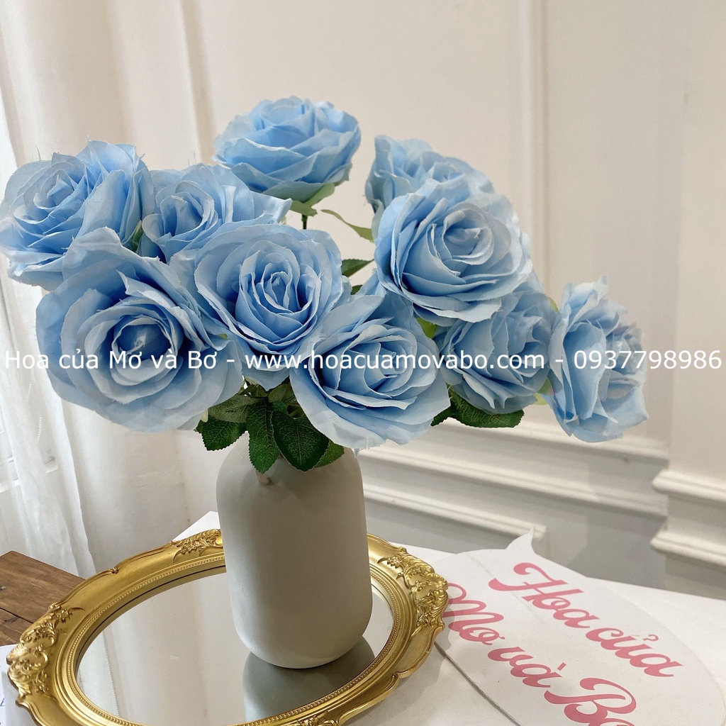 Bó 9 Bông Hoa Hồng Gấm Lụa Cao Cấp Merber Màu Đỏ/Hồng/Tím/Xanh Loại 45cm Hoa Khô Decor Trang Trí Nhà, Vp, Cty