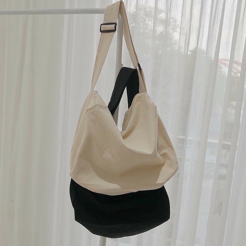 TÚI TOTE VẢI ĐEO CHÉO TRỐNG SIU TO CÓ KHÓA KÉO &amp; TÚI CON  CHẤT CANVAS PHONG CÁCH ULZZANG  ĐỂ ĐƯỢC SÁCH ĐỒ DÙNG THOẢI MÁI