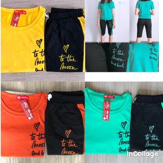 Bộ thun cotton 4 chiều thêu chữ áo tay ngắn quần lửng