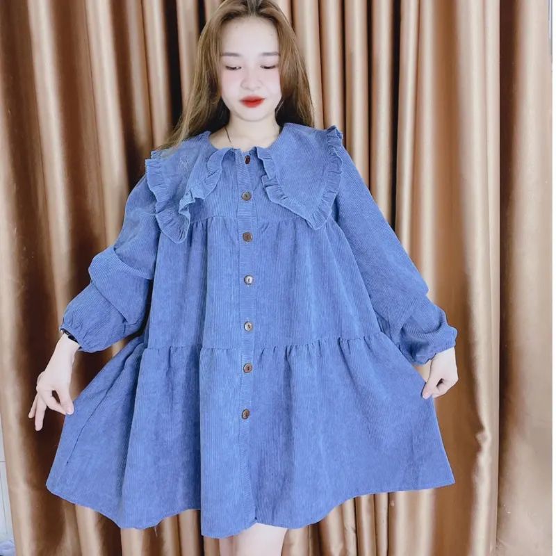 Váy Đầm Babydoll Cổ Bèo Tay Dài Tiểu Thư Chất Nhung Tăm