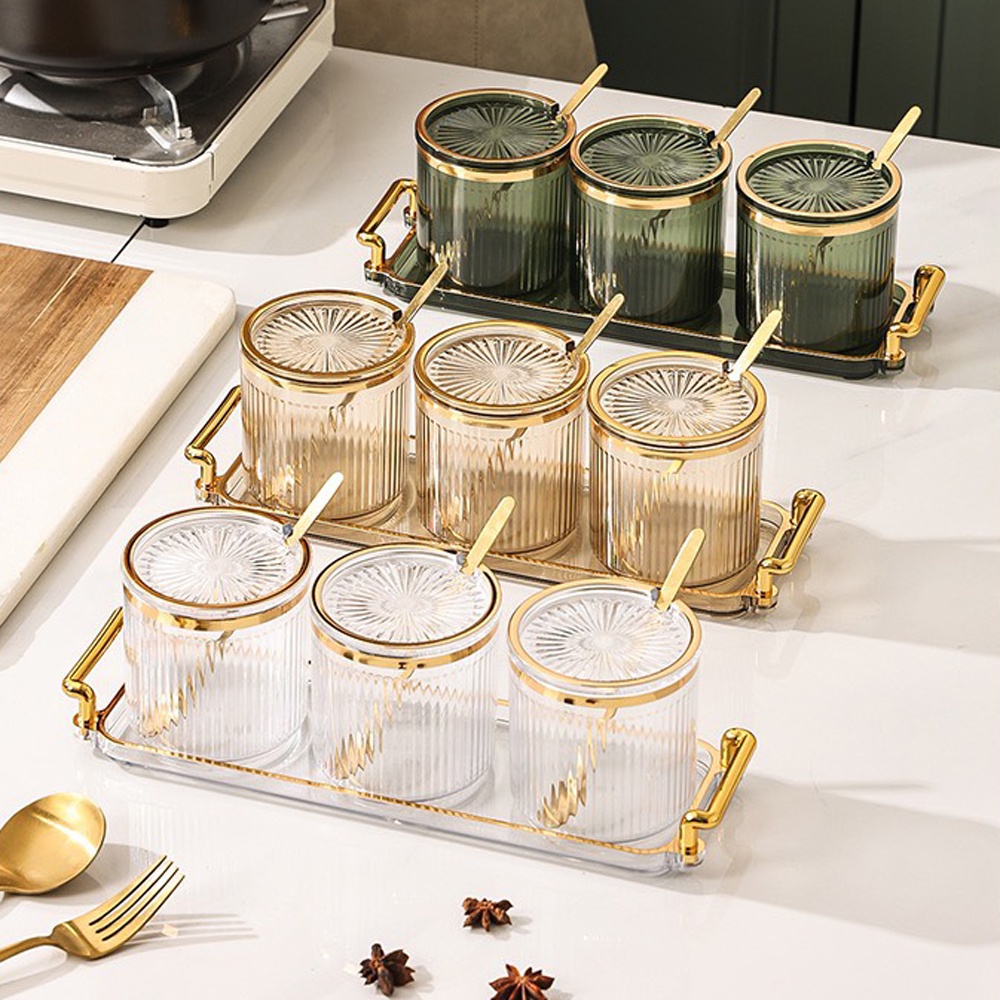 Hũ đựng gia vị vân sọc nhựa Acrylic kèm khay sang trọng phong cách Bắc Âu - VS322