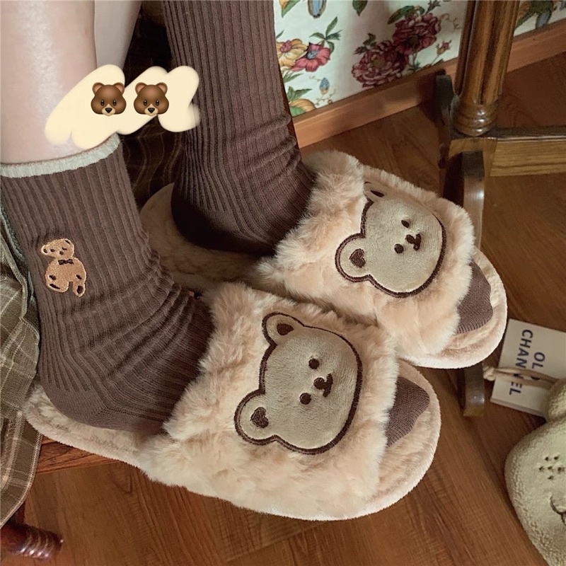 [07CAM](hàng sẵn )Dép bông mặt gấu cute đế xốp chống trơn đi được cả ngoài đường