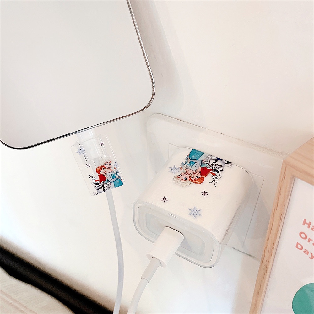 DISNEY Bộ 2 Phụ Kiện Bảo Vệ Đầu Sạc USB 20W + Dây Điện Chống Trầy Xước Hình Công Chúa Elsa Frozen Anna Aurora Ốp