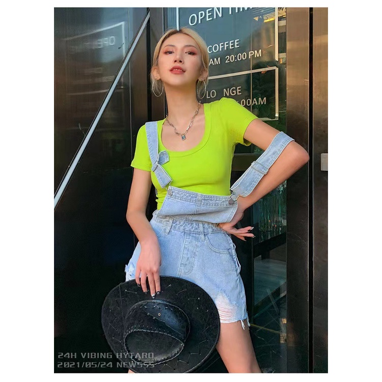Quần yếm denim ngắn lưng cao rách mới Hàn quốc thời trang jumpsuit nữ