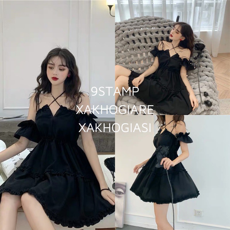 (CLIP THẬT) Đầm babydoll trễ vai dự tiệc đen tay bồng thắt dây nơ cổ | BigBuy360 - bigbuy360.vn