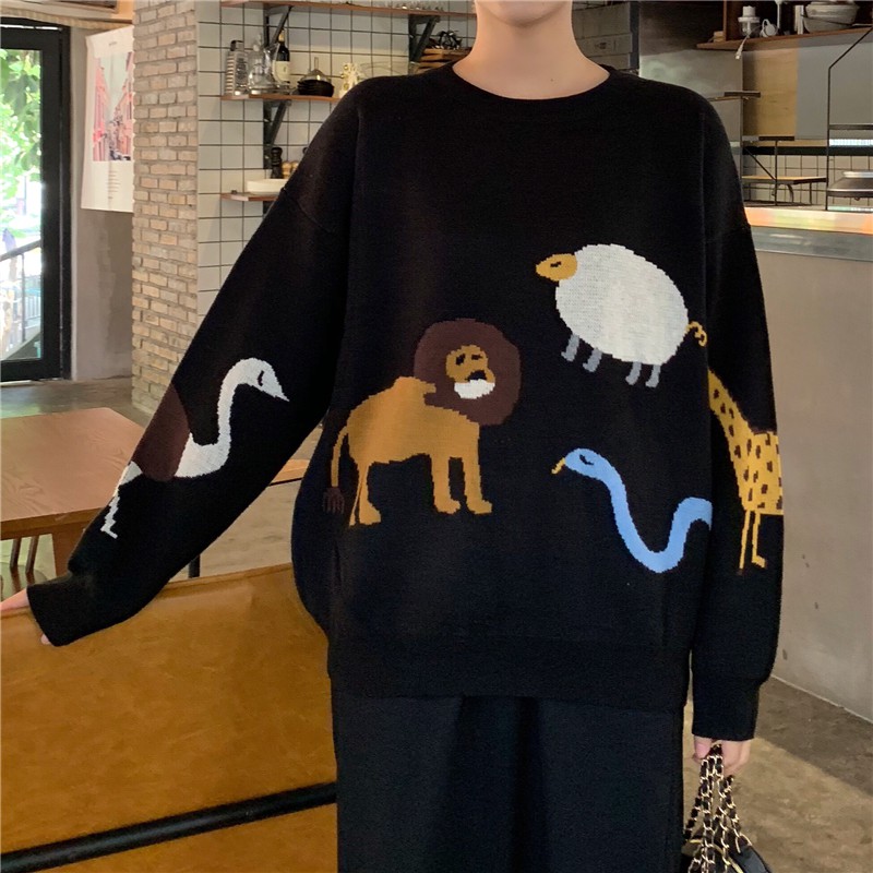 🌿 Áo len đen đan hình thú dáng rộng ulzzang 🔥