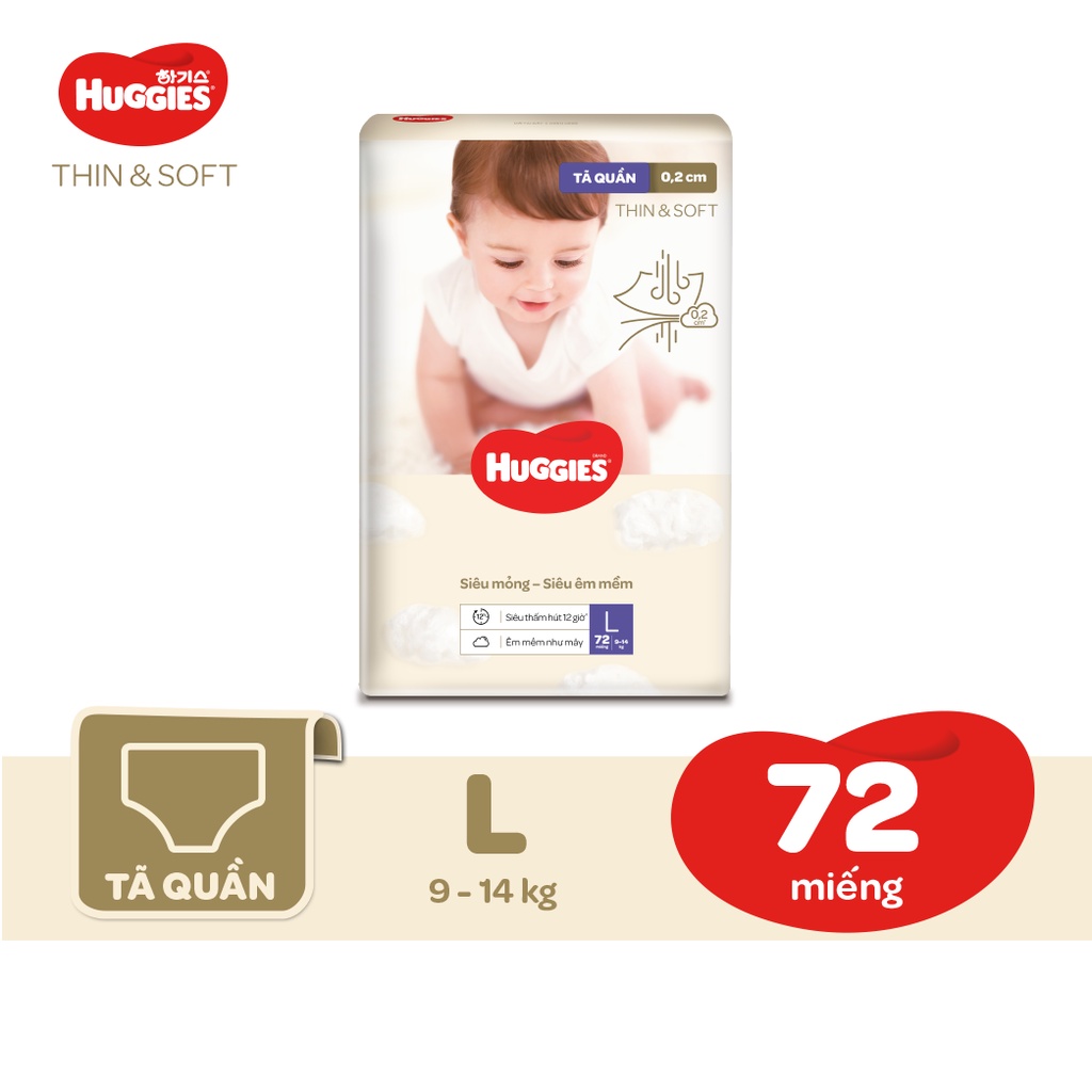 [Mã FMCGHOT -10% đơn 400K] Tã quần Hàn Quốc Huggies Thin &amp; Soft Super Jumbo mỏng tàng hình size L72/XL62/XXL46