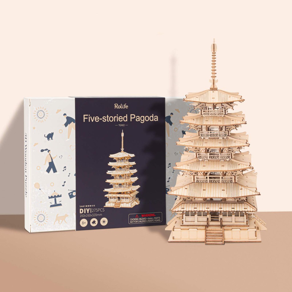 Đồ chơi lắp ghép gỗ 3D Mô hình Chùa 5 tầng Nhật Bản Five-storied Pagoda TGN02 Robotime - Tặng kèm đèn LED