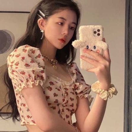 Áo kiểu crop top NZN tay ngắn phồng cổ vuông in họa tiết hoa phong cách Hàn Quốc cổ điển thời trang dành cho nữ