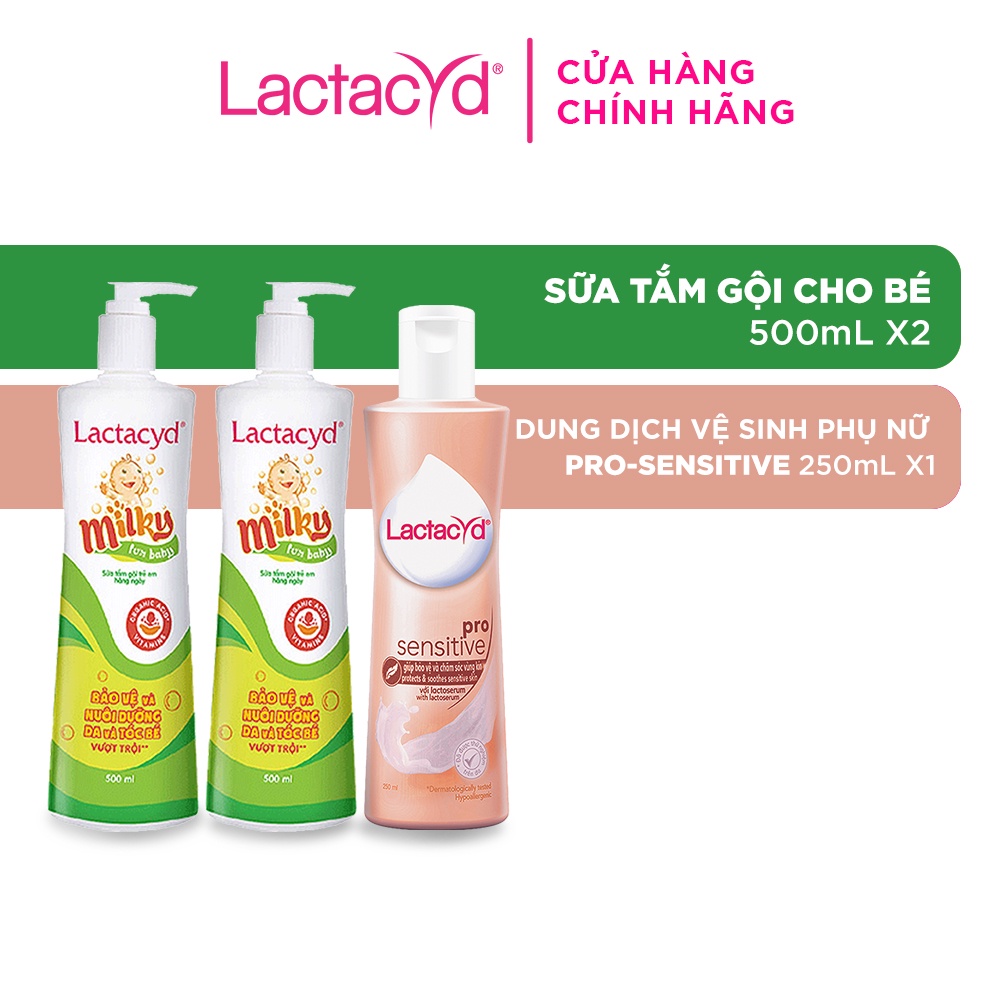 Bộ 2 Sữa Tắm Gội Trẻ Em Lactacyd Milky Bảo Vệ, Nuôi Dưỡng Da & Tóc Bé 500ml + 1 Dung Dịch Vệ Sinh Pro Sensitive 250ml