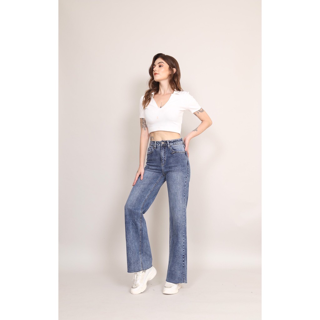 Quần jean nữ ống rộng cạp cao lưng cao co giãn xanh đá gấu tự do CT JEANS