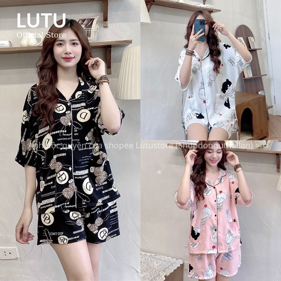 Bộ ngủ pijama chất lụa hoạ tiết dễ thương kèm dây buộc tóc scrunchies