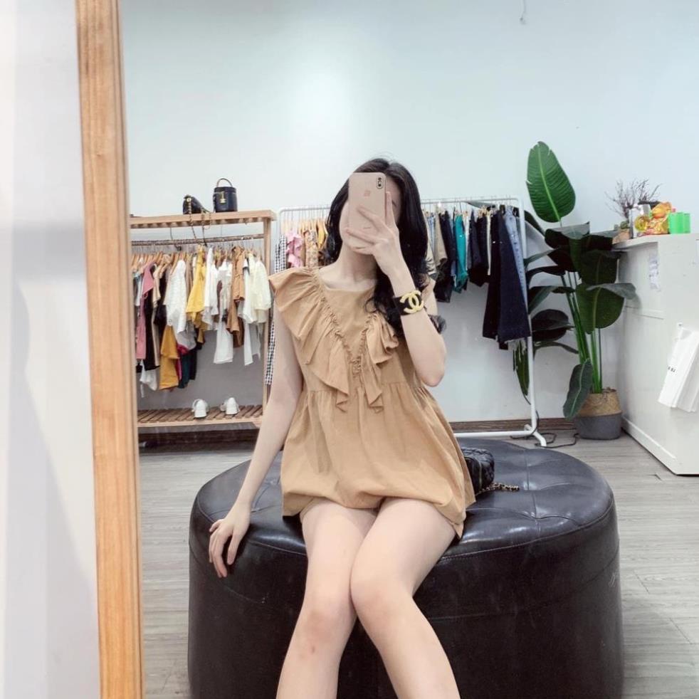 TBO-Bộ Đũi Cánh Tiên Cổ Bèo Chất Đũi Nhăn Mát Lịm Áo sát nách mix quần đùi siêu cute thời trang TASA (trắng, nâu)