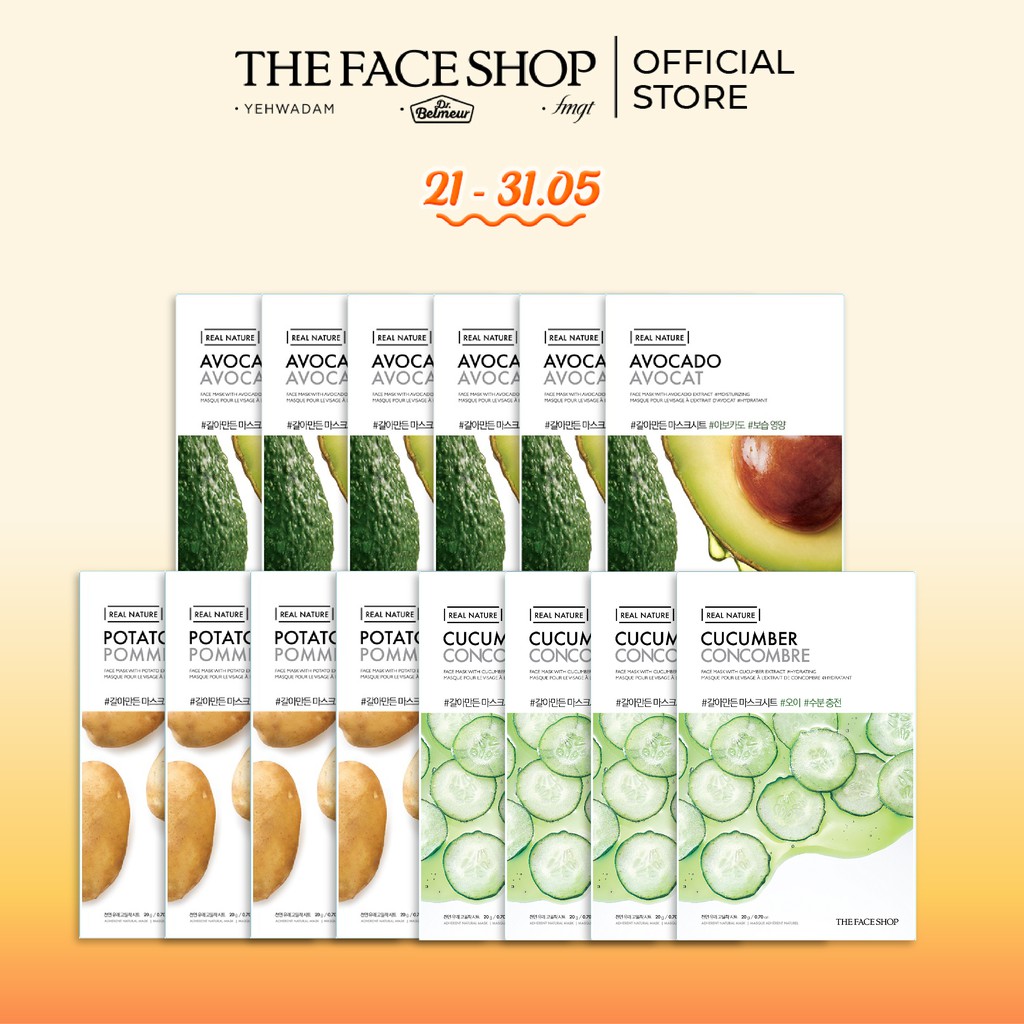 Combo 14 Miếng Mặt Nạ Giấy TheFaceShop Real Nature AVOCADO, POTATO, CUCUMBER (20Gx14)