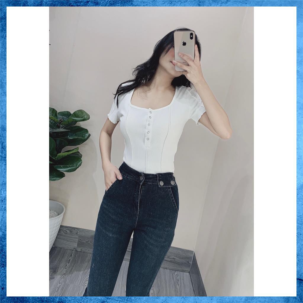 [Jeans thiết kế] Quần jeans nữ, quần bò skinny trơn, lưng cao túi chéo cạp phối tag khuy. Mã C2160