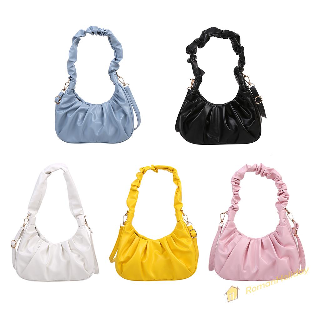 【On Sale】Fashion Women Pure Color Canvas Shoulder Underarm Bag Pleated Hobos Handbag