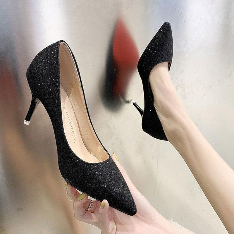 33-45 Super Large Size Professional Work High Heels Women Wedding Shoes Shallow Mouth Stiletto Sequins Pointed Sexy Anti