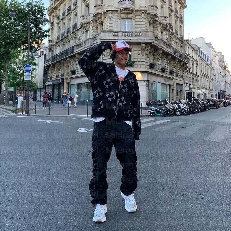 Áo Khoác Hoodie Dáng Rộng Có Khóa Kéo In Chữ Và Ngôi Sao Phong Cách Hip hop Đường Phố Cho Nam Và Nữ
