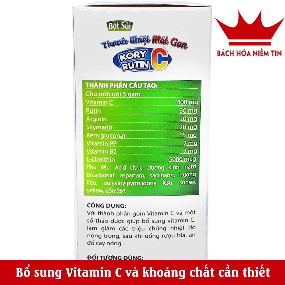Bột Sủi Thanh Nhiệt Mát gan Kory Rutin C - Thanh nhiệt, giải độc gan giảm mẩn ngứa, mề đay, rôm sảy, vàng da