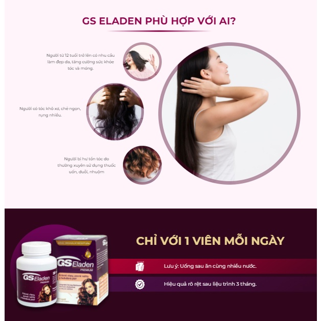 Viên Uống Ngăn Rụng Tóc, Hỗ Trợ Mọc Tóc GS Eladen Chứa Biotin, Dầu Hoa Rum Giúp Tóc Chắc Khỏe, Giảm Khô Xơ Hộp 30 Viên