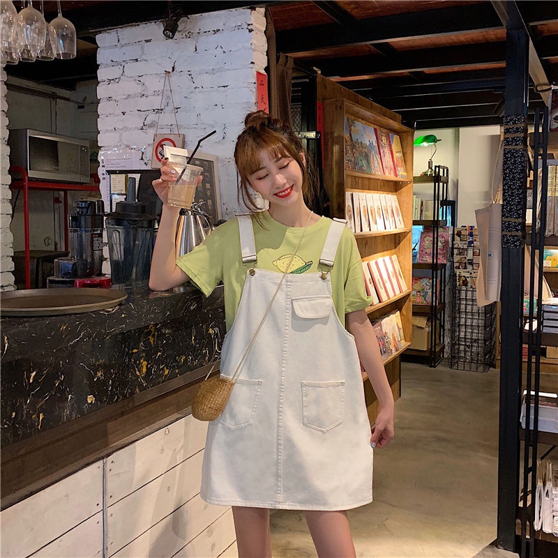 Đầm yếm denim màu trơn dáng rộng phong cách Hàn Quốc thời trang mùa hè cho nữ