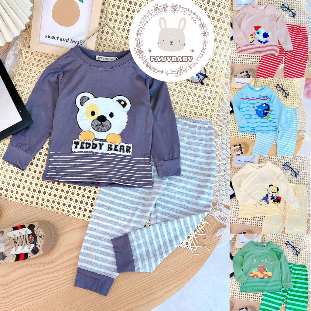 Bộ Dài Tay MINKY MOM Chính Hãng Bé Trai Bé Gái Thun Lạnh Sọc Quần Dệt Hình Gấu Dory Gà Con Khủng Long Mickey-Favybaby