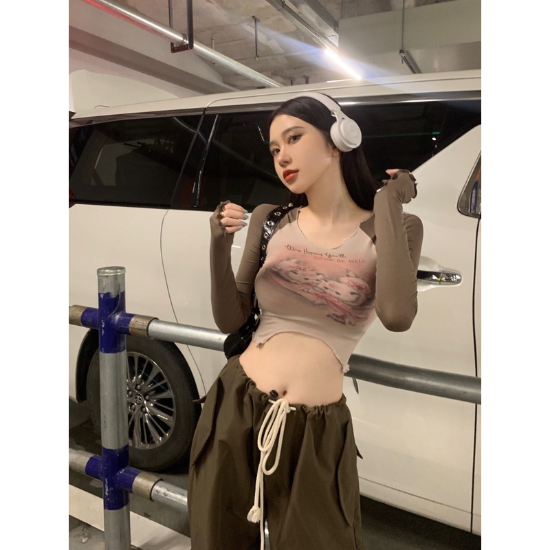 Áo Thun Lửng Tay Dài Màu Sắc Tương Phản In Họa Tiết Phong Cách retro Mỹ Dành Cho Nữ