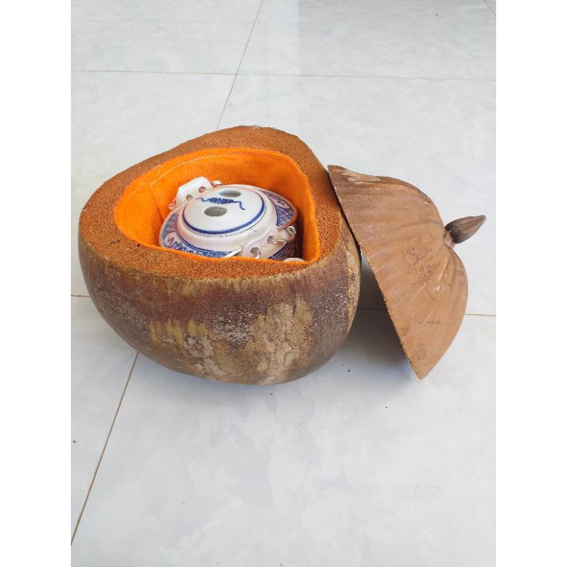 Quả dừa giữ nhiệt bình trà không sơn kèm bình tích 0.8 lít