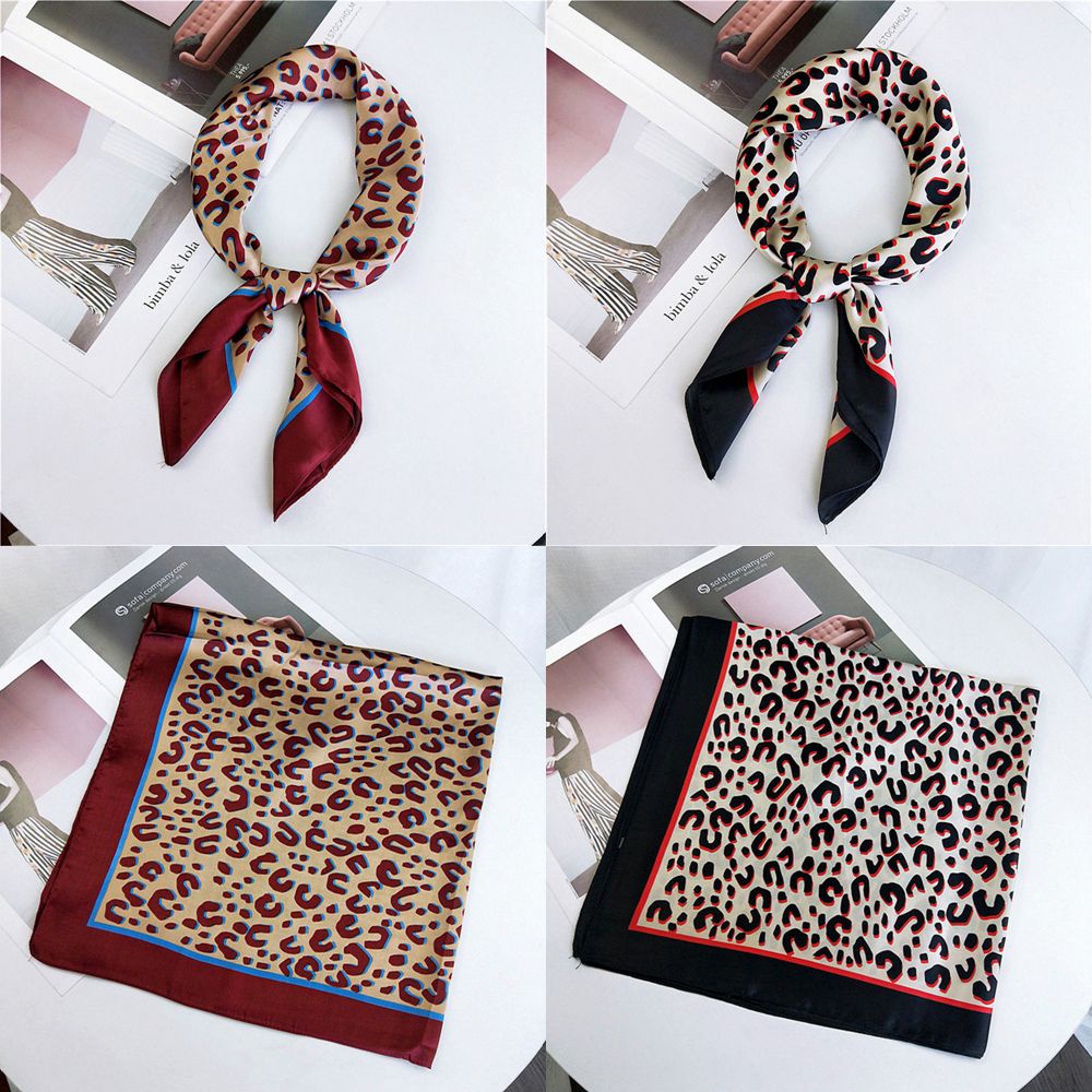 Khăn choàng cổ hình vuông vải lụa satin in họa tiết da báo đa năng cho nữ
