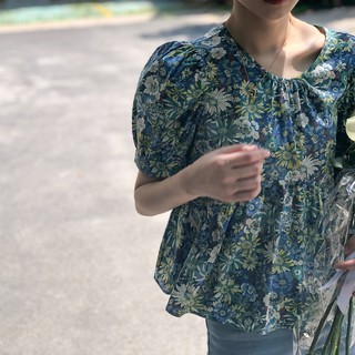 Áo kiểu nữ đẹp - Áo babydoll nữ ZR hoa xanh