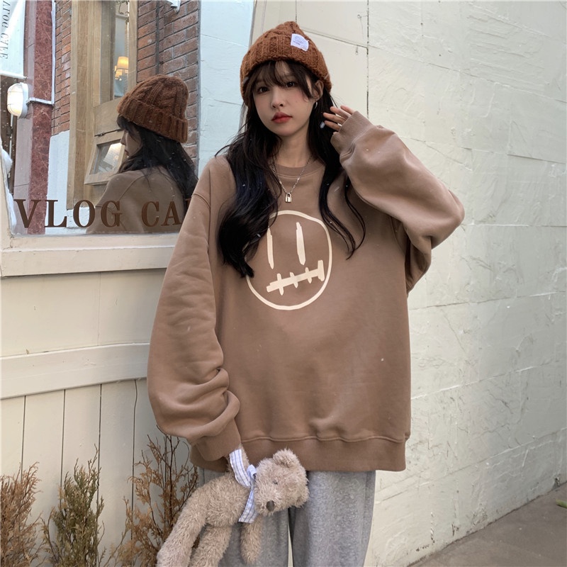 Áo Nỉ Nữ Dài Tay Cổ Tròn In Hình Hoạt Hình Thời Trang Hàn