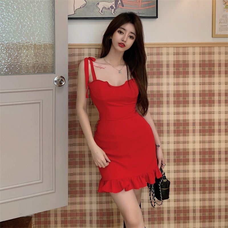 Đầm Đỏ Dáng Ôm Thắt Nơ Phối Ren Dễ Thương Xinh Xắn