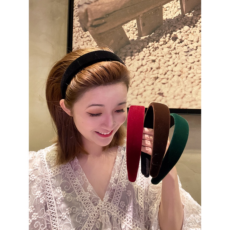 Băng đô bản rộng bằng vải nhung màu đỏ phong cách vintage thời trang Pháp