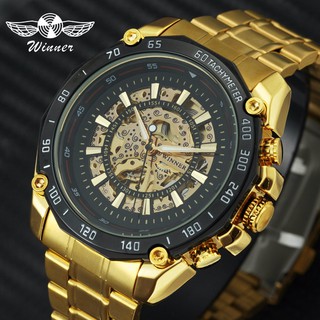 WINNER Golden Auto Mechanical Mens Watches Stainless Steel Strap Skeleton Dial Big Case