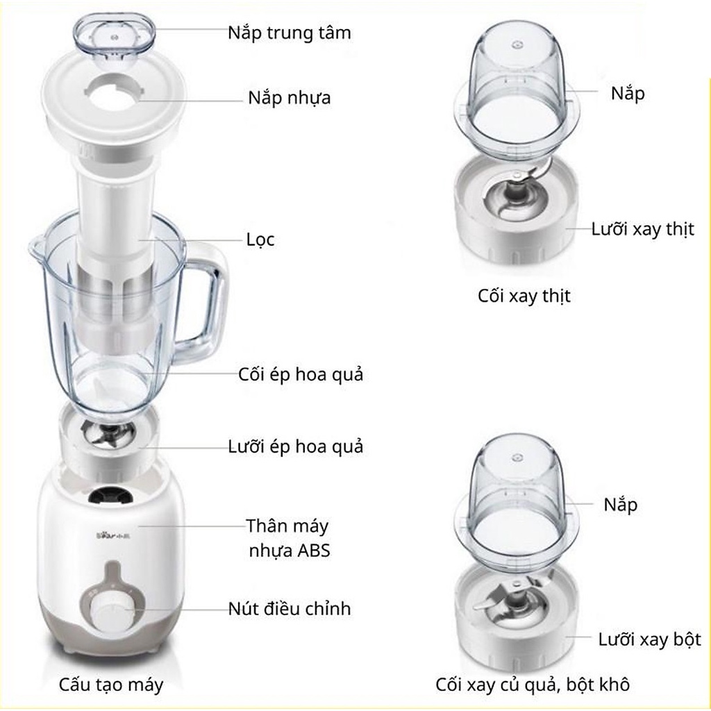 Máy Xay Sinh Tố Bear LLJ-B12K1, Máy Xay Đa Năng 3 Cối  Chính Hãng- Dung Tích 1.2L ( Bảo Hành 6 Tháng)