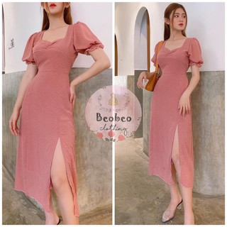 [Ảnh thật] Đầm maxi hồng chấm bi nhúng ngực xẻ tà vintage