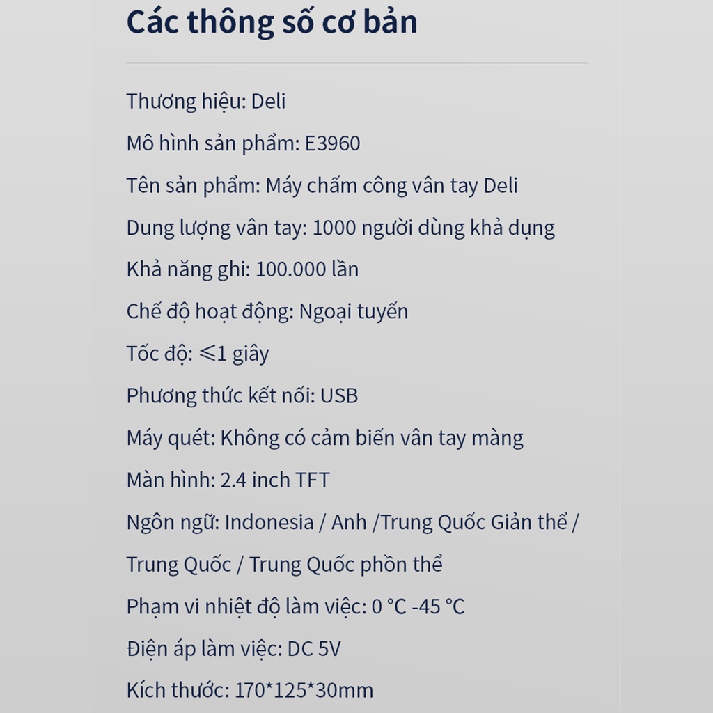 [KÈM USB 16GB] Máy Chấm Công Quét Vân Tay Deli - Mẫu Mới Tiếng Việt Màn Hình 2.4 Inch Kết Nối USB Bảo Hành Chính Hãng