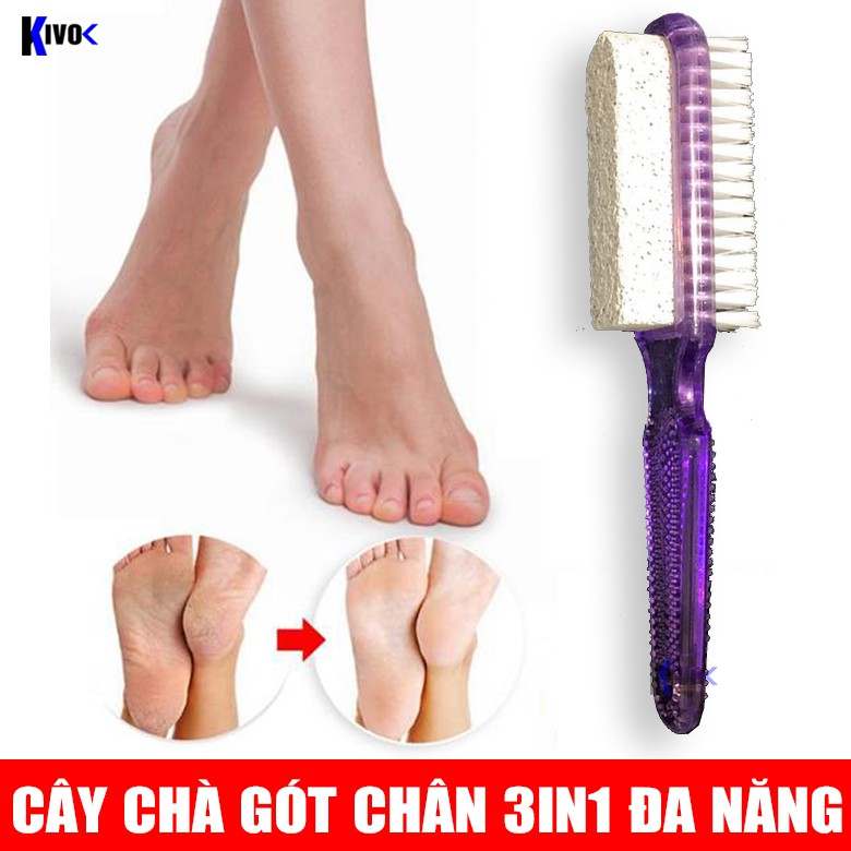 Cây Chà Gót Chân 3 Trong 1 Bàn Chải Lông Mềm + Đá Bọt Biển + Bàn Chà Nhựa Gai Đa Năng - Dụng Cụ Chà Gót Chân Đa Năng